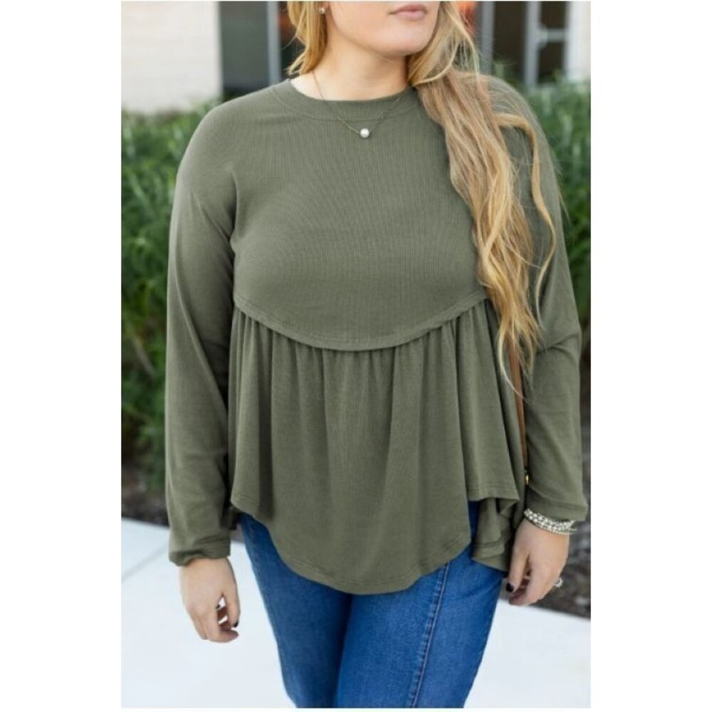 Womens‎ Peplum Babydoll Blouse S Green Ribbed Knit LS Goblincore Boho Top